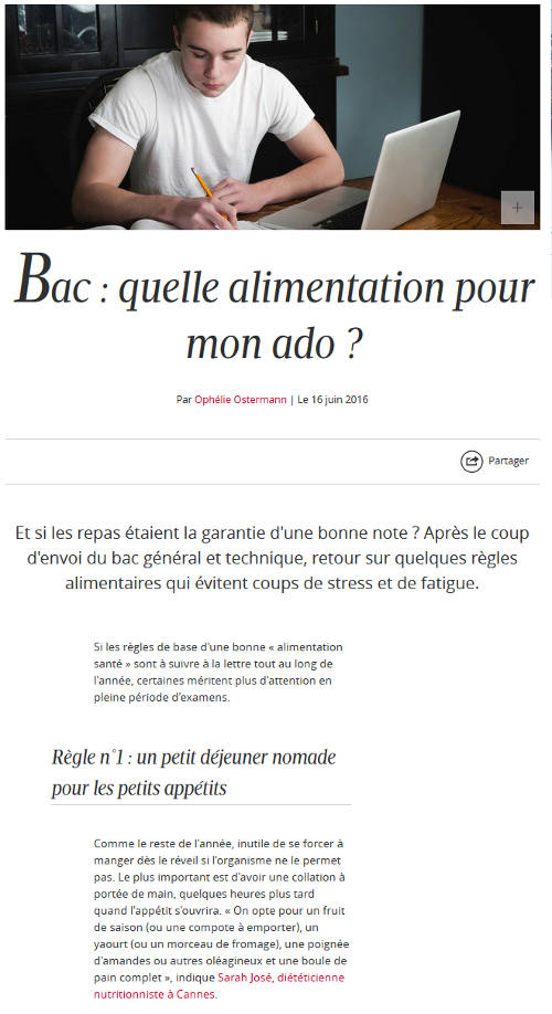 Revue de presse - Madame le figaro, BAC : Quelle alimentation pour mon ado - Diététicienne Nutrtionniste à Cannes et Antibes